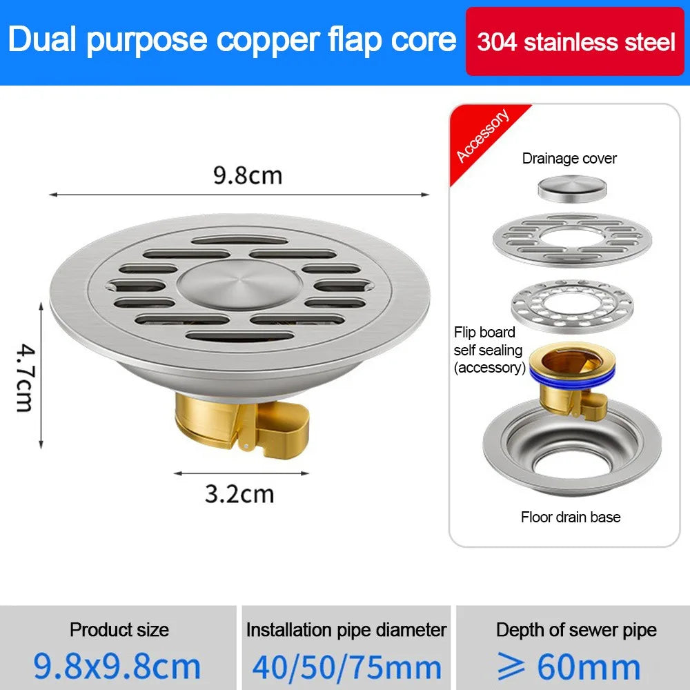 With Grid Grate Cover Shower Floor Drain 304 Stainless Steel Round Sink Strainer Anti-odor Backflow Preventer Sewer Drain Filter Oasis Select Type2-copper core