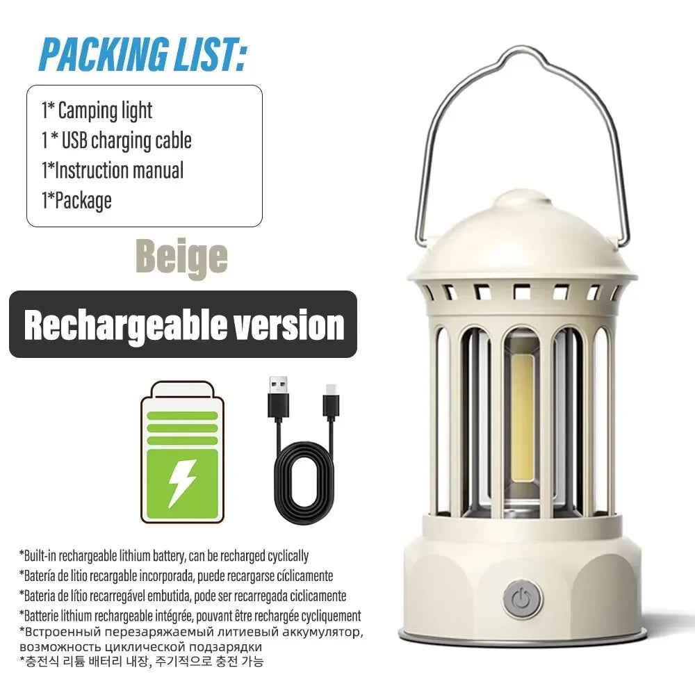 Vintage European Roman Pillar Camping Lantern Flashlight Rechargeable with Hook Warm White Light for Camping And Exploring Oasis Select Beige-USB L800BR