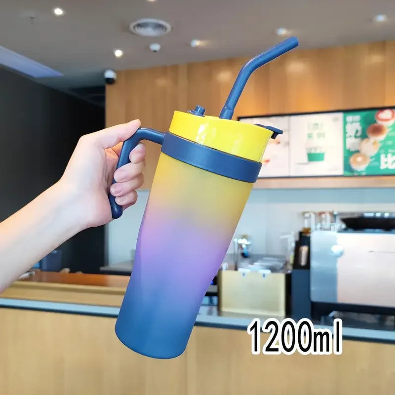 1200ml Large Capacity Gradient Frosted Sports Water Bottle Tumbler for Car Gym Outdoor Travel Reusable BPA Free Cup with Straw Oasis Select As Shown Blue