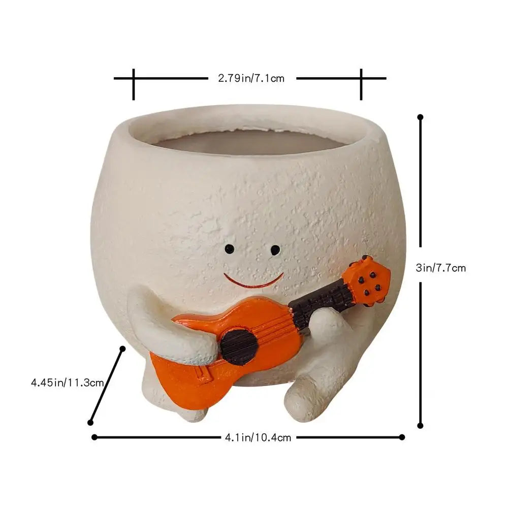 Resin Succulent Pot Unique Guitar Boy Shape Smile Face Planter Drainage Design Planter Pots With Drainage Design Flower Planter Oasis Select WHITE