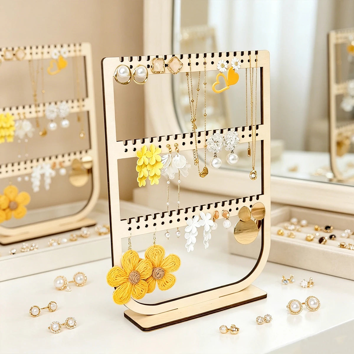 1pc wooden earrings necklace vertical desktop jewelry display storage rack detachable portable three-layer jewelry storage rack Oasis Select
