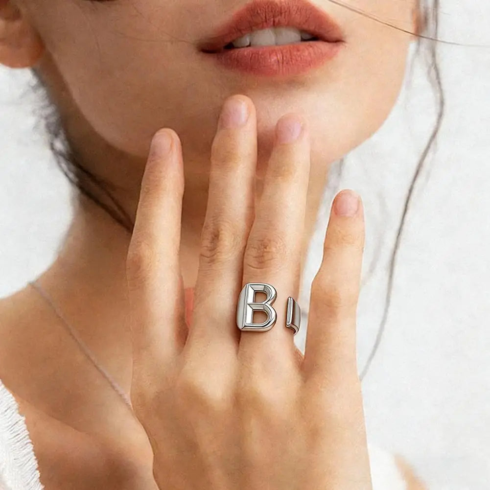 A-Z Initial Letter Ring – Adjustable Silver Open Ring for Women