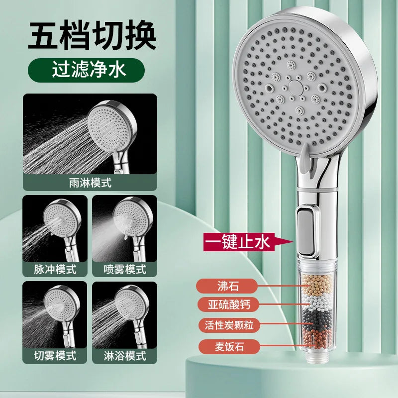 Bathroom Shower Head with Stop Button 5 Mode Anti Limestone Filter Hygienic Remove Chlorine Handheld Head Filtration Shower Head Oasis Select Silver Shower
