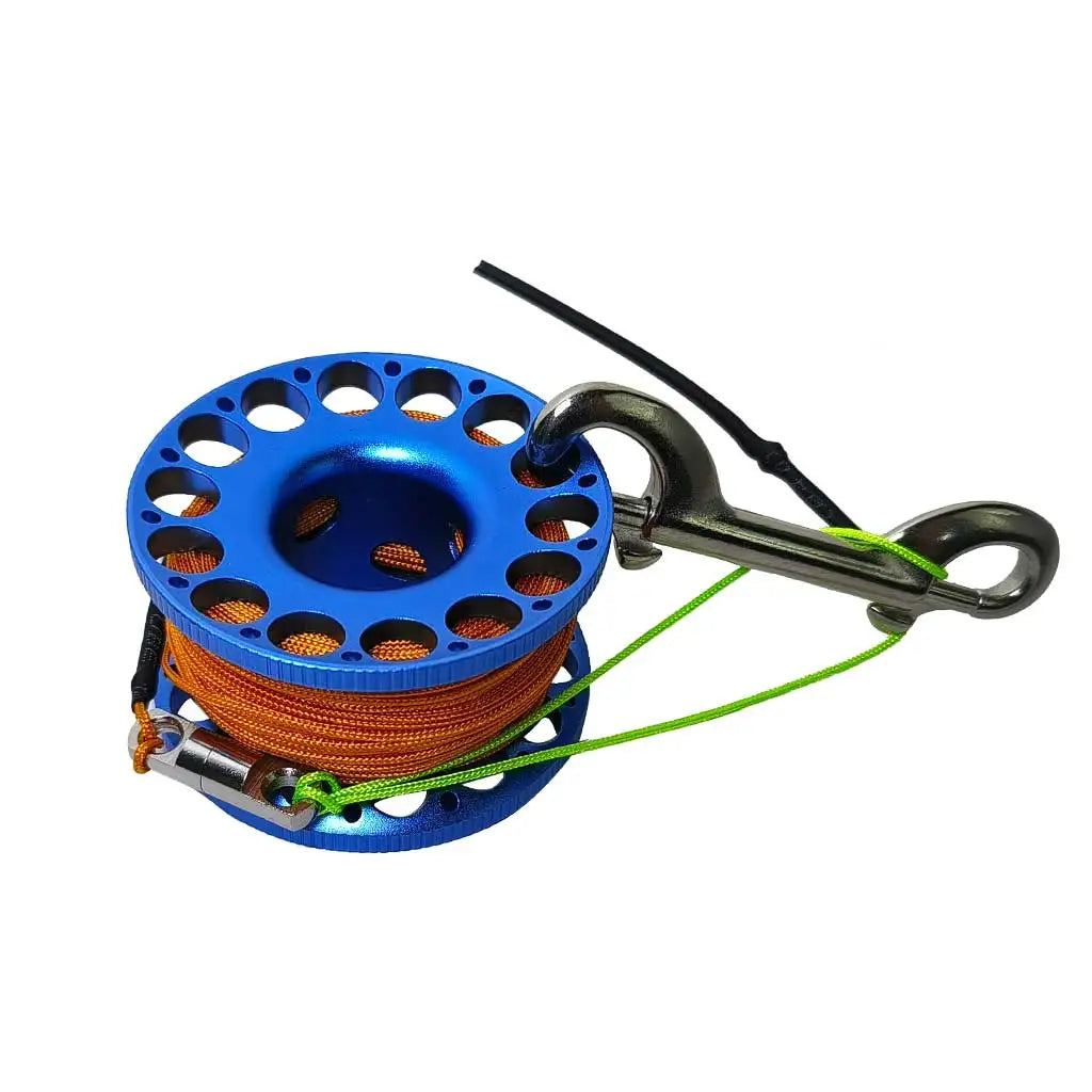 30M Aluminum Alloy Scuba Diving Spool Finger Reel with Stainless Steel double ended hook Cave Tech Wreck Diving Finger Reel Oasis Select Orange-Blue 30M