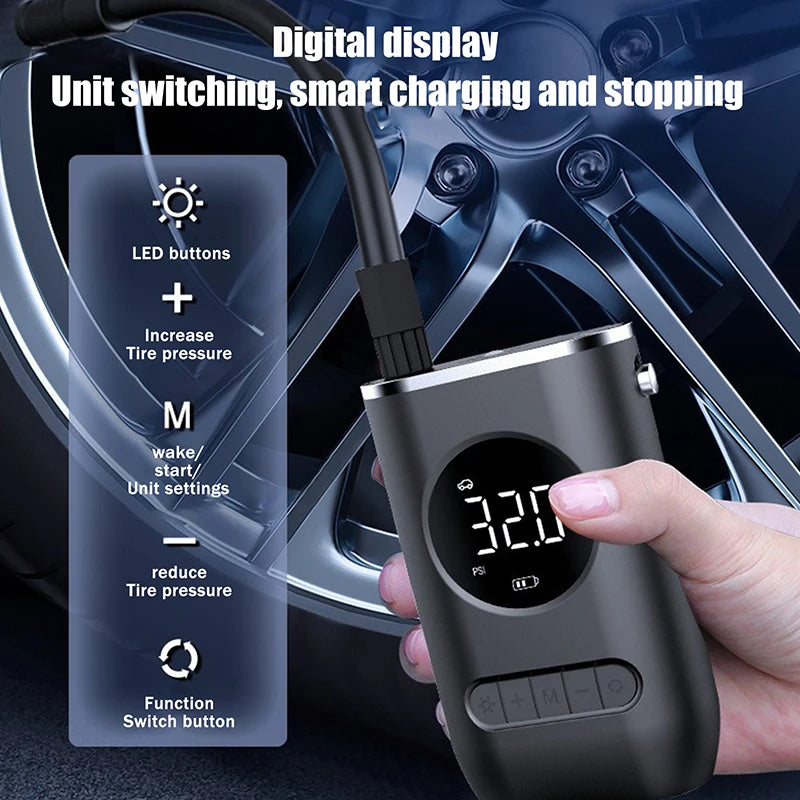Portable Tyre Inflator Digital Air Pump, Cordless Air Compressor With LED Light, 150 PSI Rechargeable Tyre Pressure Pump Oasis Select