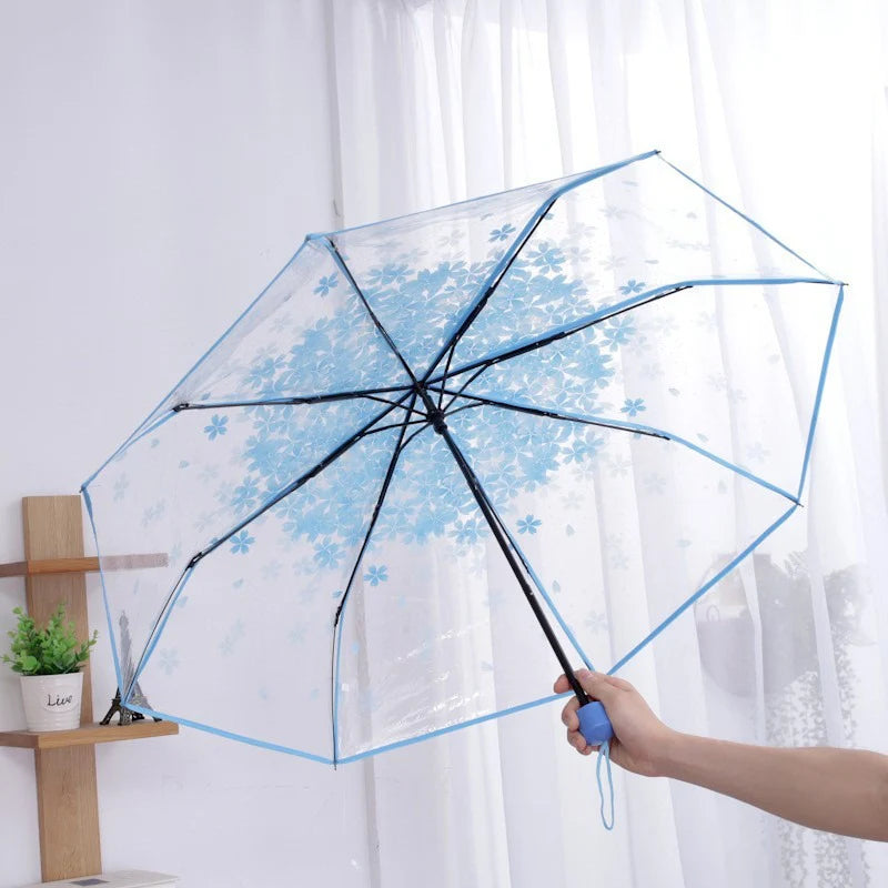 Automatic/Manual Opening And Closing Romantic Cherry Blossom Transparent Folding Umbrella Fresh Transparent Three-Fold Umbrella. Oasis Select Blue 8K iron