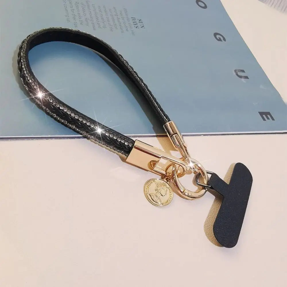 PU Leather Leather Wrist Mobile Phone Lanyard Anti-loss Short Leather Durable Portable Pendant Chain Portable Rhinestone Oasis Select black