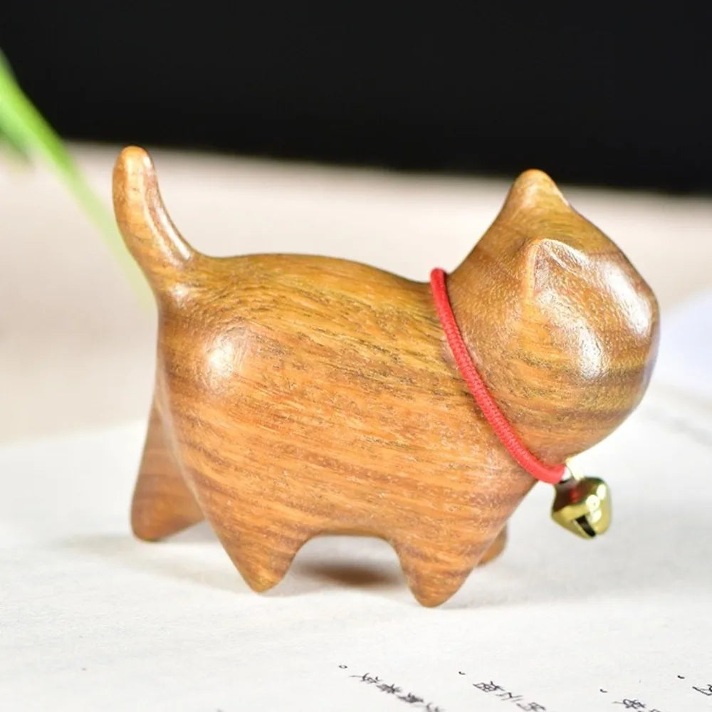 Handmade Wooden Cat Figurine with Bell | Natural Wood Decor Wood Cat Figurine Oasis Select Khaki With Bell