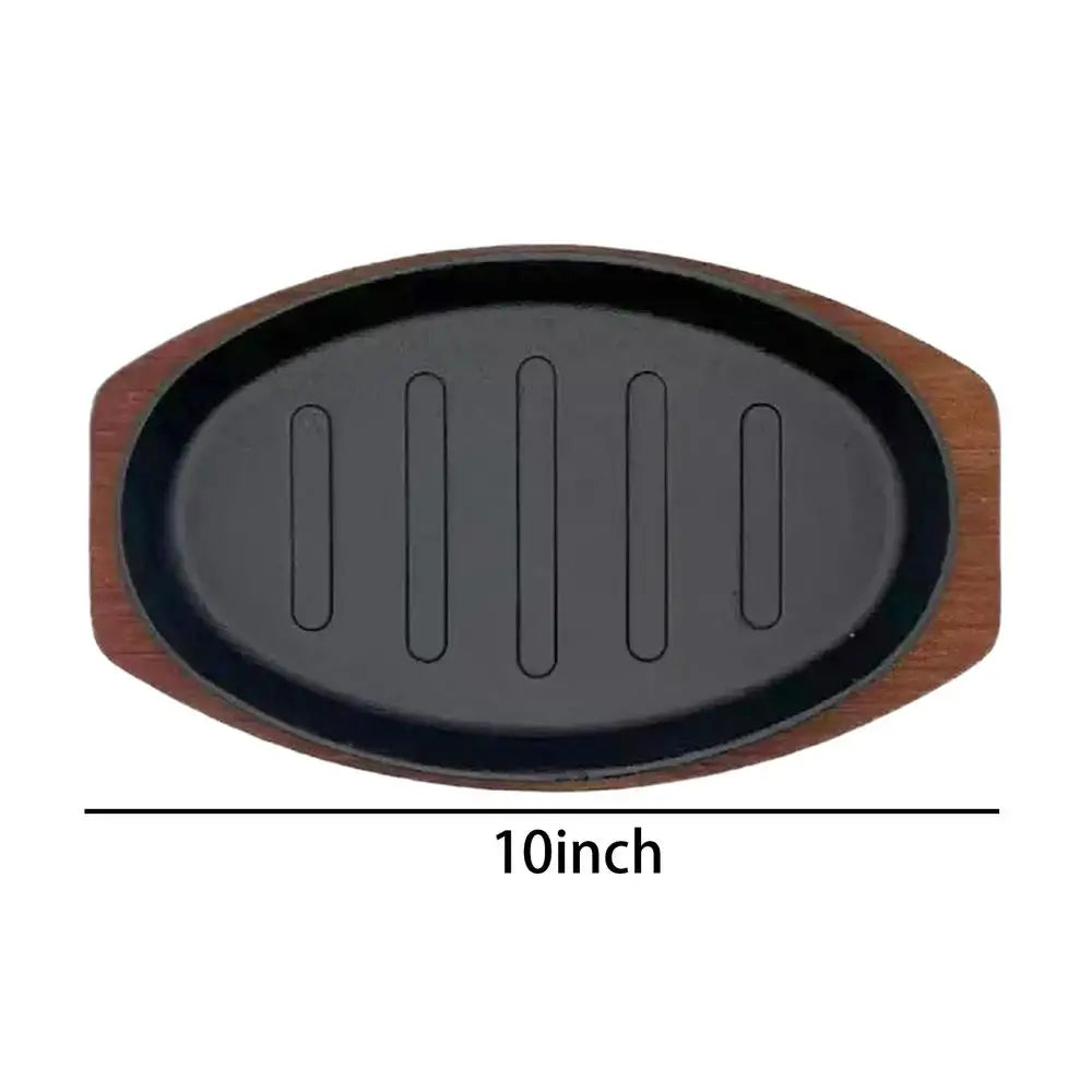 Cast Iron Oval Shape Restaurant Barbecue Plate Steak Sizzling Hot Pan Plate with Wooden Base Teppanyaki Grilled Fish Tray Oasis Select 1PC