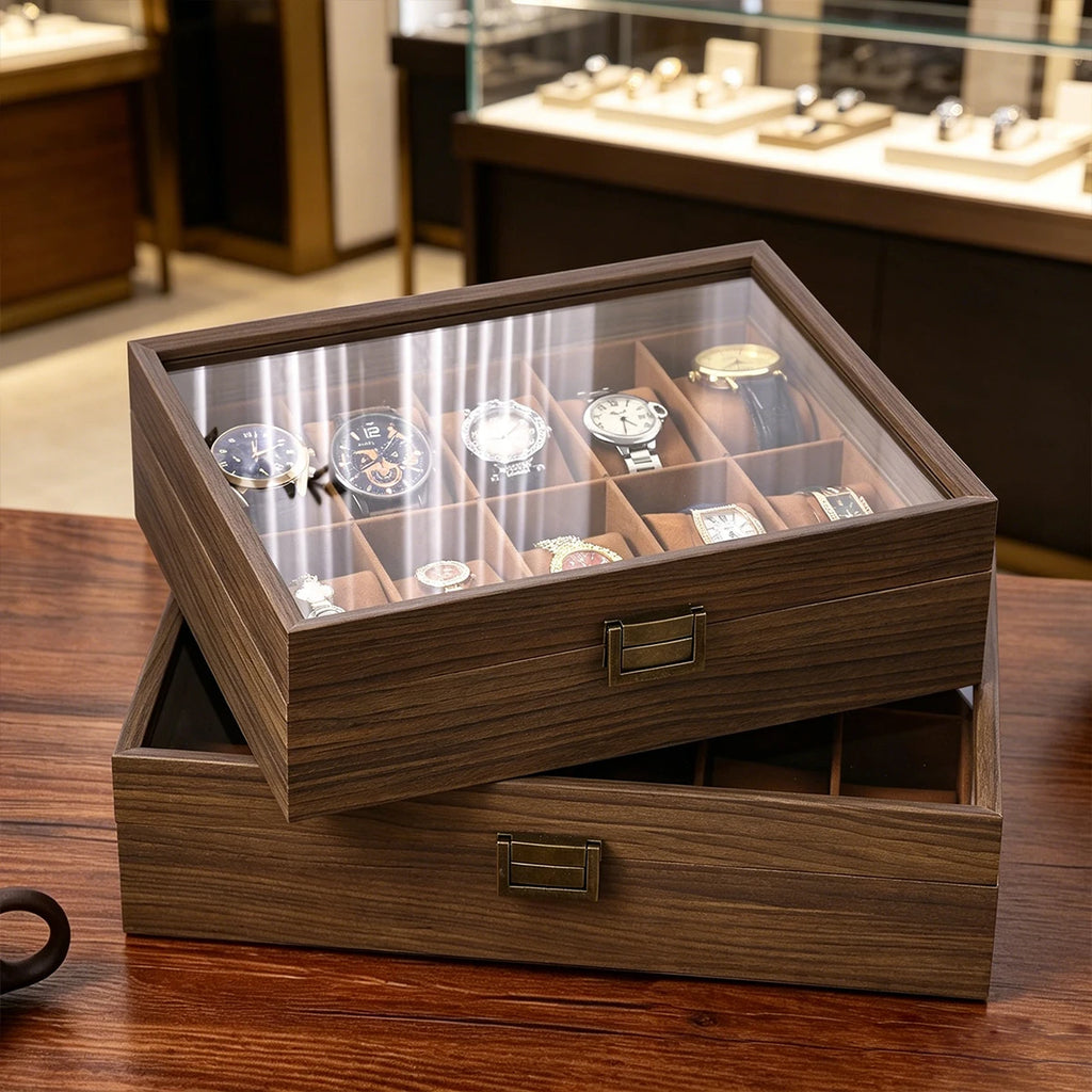 1pc Multi grid wooden watch box with glass cover adjustable jewelry storage box glasses bracelet velvet watch display box Oasis Select