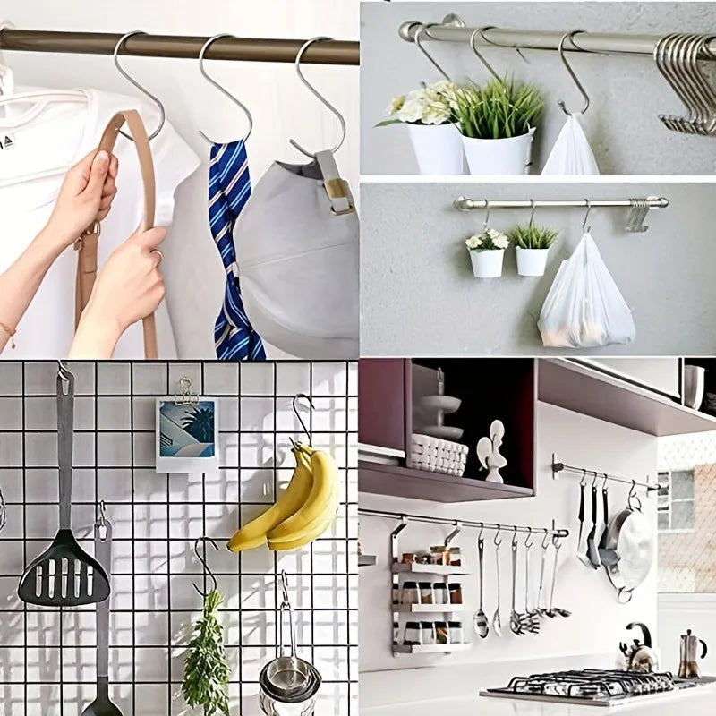 10PCS Stainless Steel S-shaped Hooks Heavy Duty Metal Hanging Multi-functional Coat Hook For Kitchen Bathroom Home Fastener Oasis Select