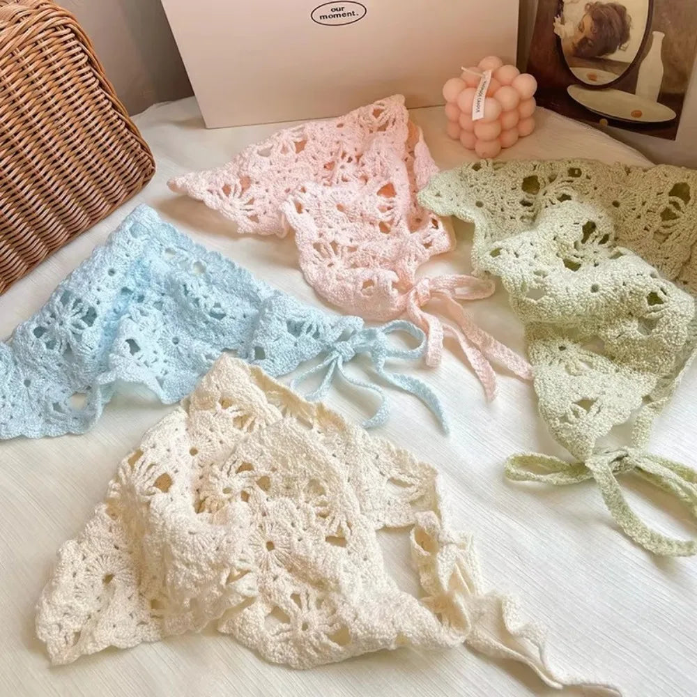 French Handmade Knitted Headscarf Hat Hollowed Sunshade Crochet Headband Triangle Flower Headscarf Beach Photography Oasis Select