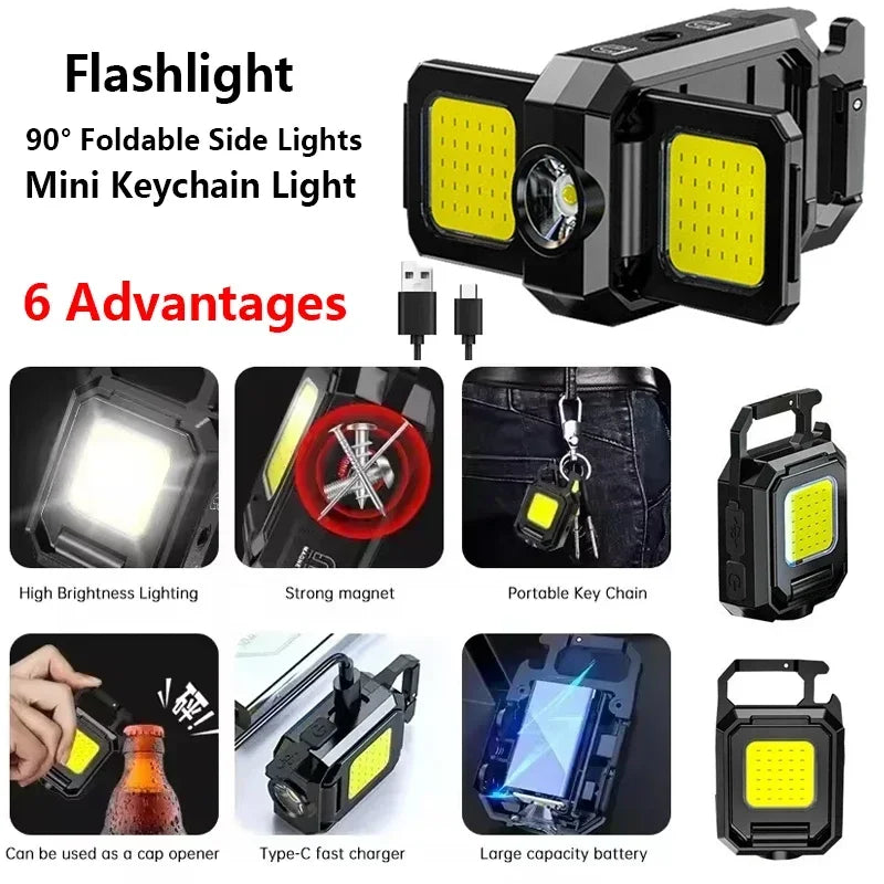 Keychain Pocket Flashlight Light COB Work Light Rechargeable Lamp with 90° Foldable Side Lights Super Bright Portable Lanterns Oasis Select