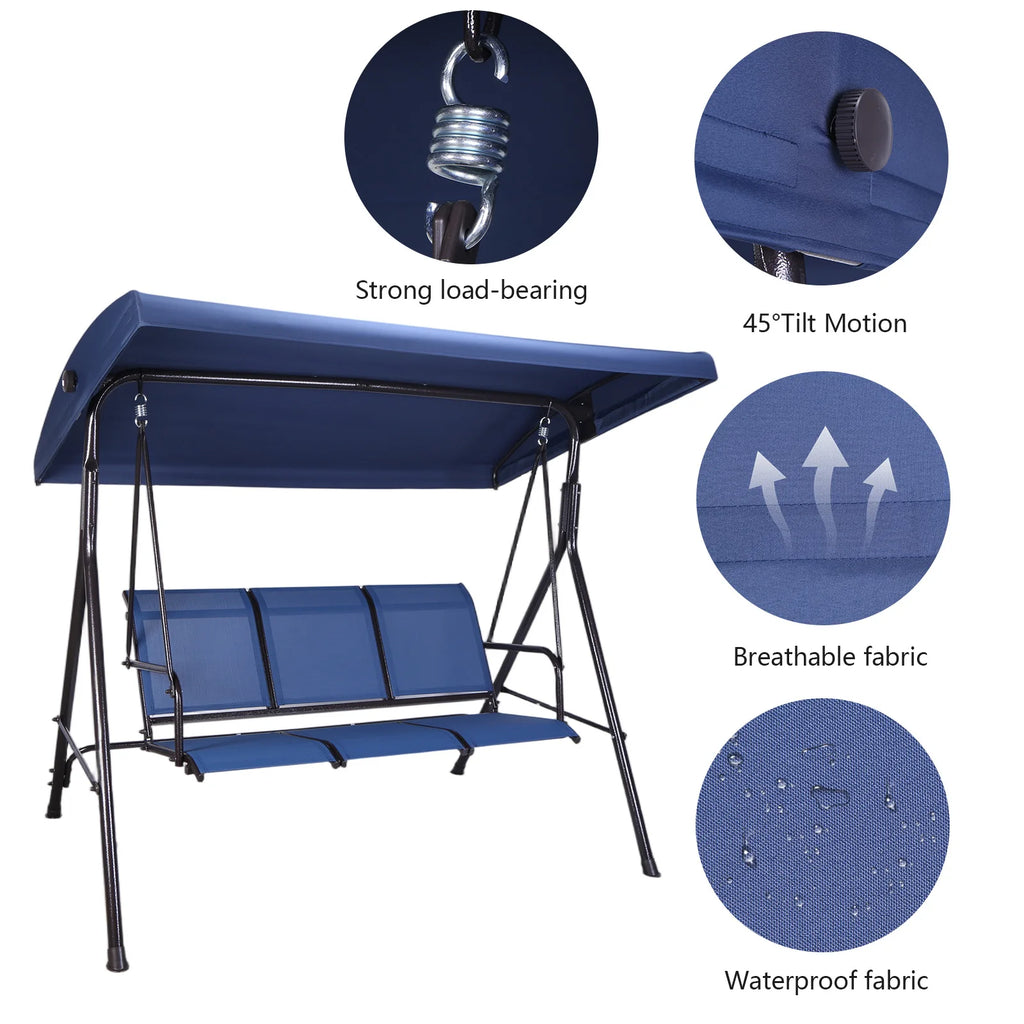 3-Seat Patio Porch Swing for Family Poolside Balcony Backyard W/ Adjustable Canopy Patio Swing Bench All Season Use for Outside Oasis Select