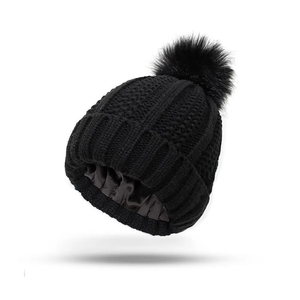 Flower needle woolen ball cap, warm double-layer lined hair care cap, woolen cap, women's knitted cap, pineapple cap Oasis Select black