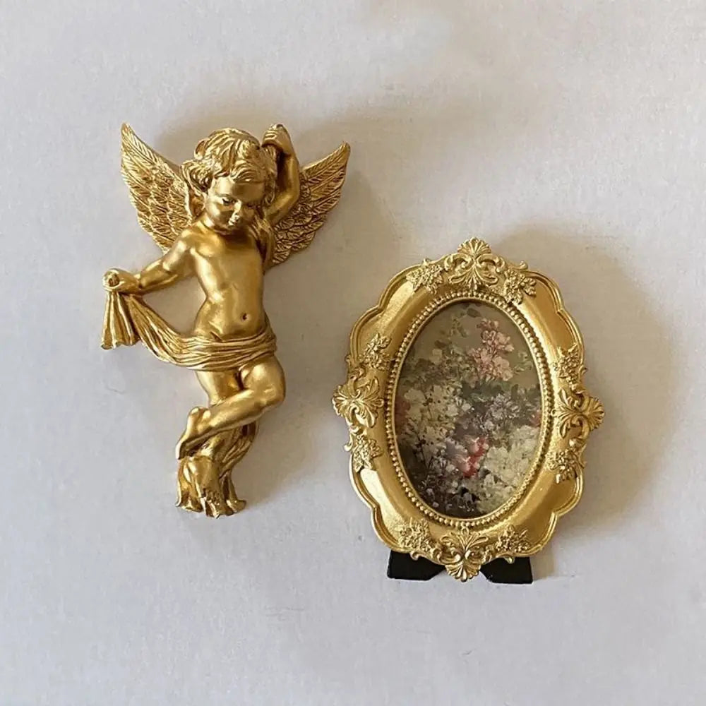 Cherub Angel Statue Pair – Gold Resin Desktop & Wall Ornament Resin Decorative Figurine Oasis Select