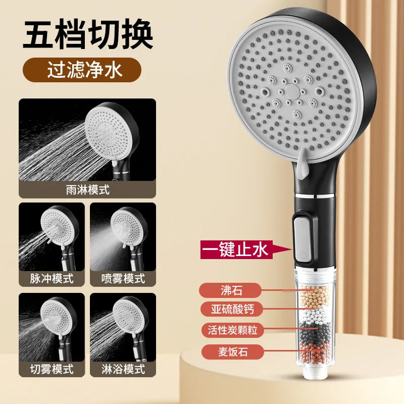 Bathroom Shower Head with Stop Button 5 Mode Anti Limestone Filter Hygienic Remove Chlorine Handheld Head Filtration Shower Head Oasis Select Black shower