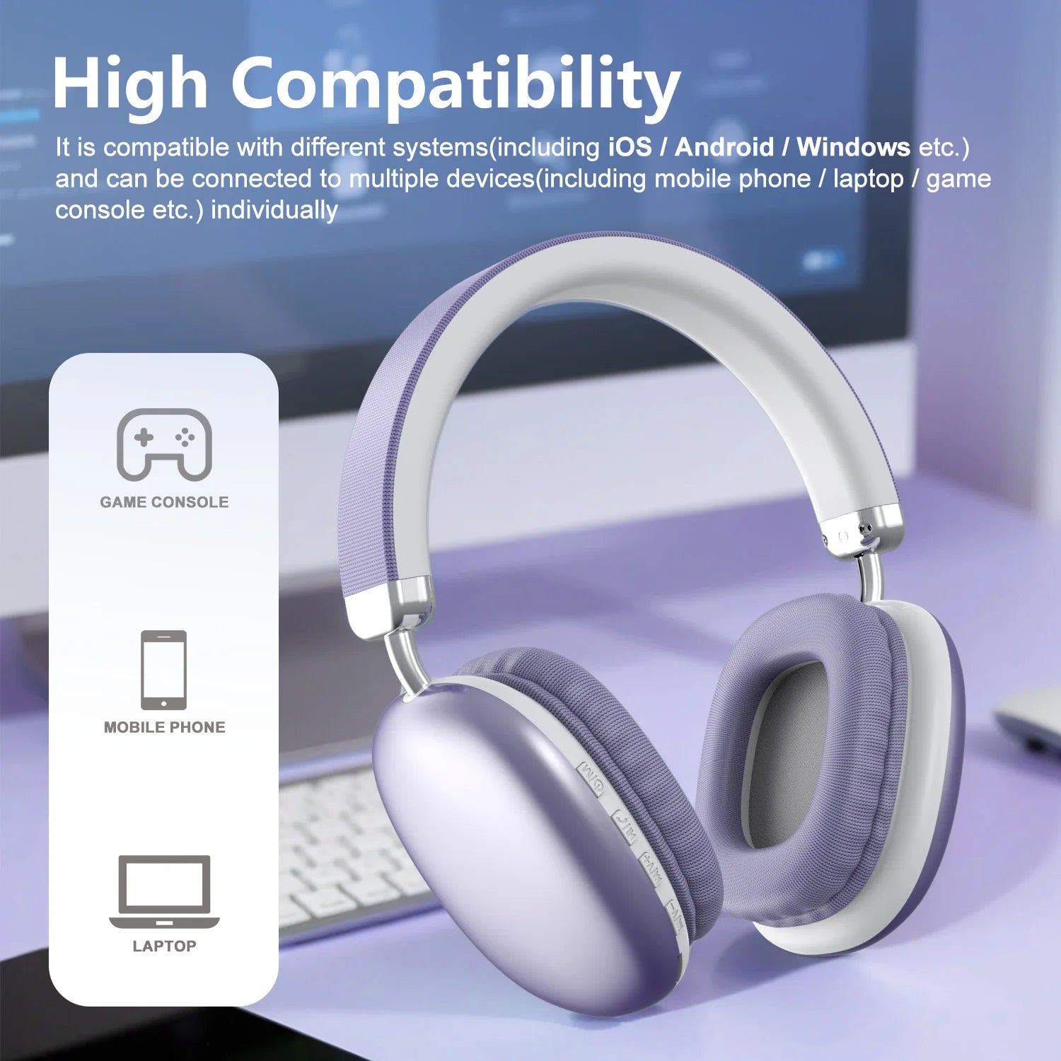 Bluetooth Headphones Over Ear Wireless Headset HiFi Music Gaming Comfortable Mic for iPhone Android PC Travel Sports Gift Purple Oasis Select