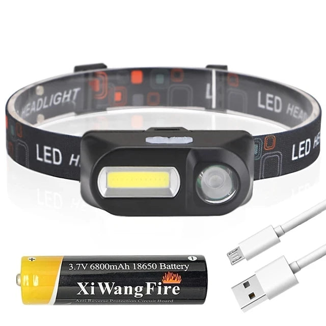 Mini Portable XPE+COB Headlamp USB Rechargeable Use 18650 Battery Headlight Outdoor Camping Fishing LED Head Flashlight Oasis Select with battery
