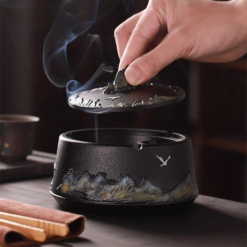 Chinese Style Relief Mountain Ashtray High-end Atmospheric Upscale Home Office Large Size with Lid Windproof Ashtray Oasis Select