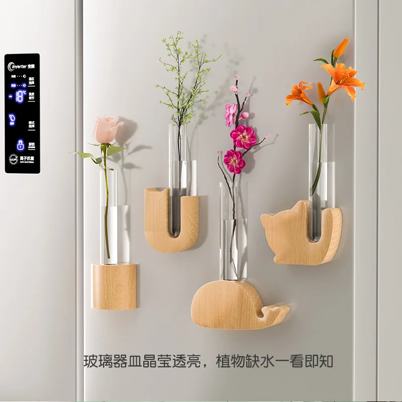 Solid Wood Refrigerator, Magnetic Glass Test Tube, Vase, Flower Arrangement, Creative Decoration, Wall-mounted Small Vase Oasis Select