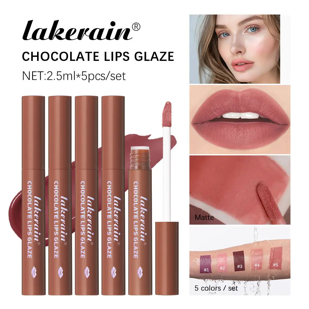 Lakerain Chocolate Lip Gloss Set Long Lasting Matte Finish Lip Tint Waterproof Sweat-proof NonStick Cup Liquid Lipstick 5pcs/Kit Oasis Select