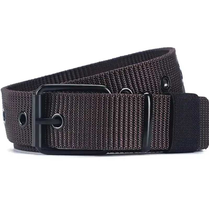 Men's Belt Porous Canvas Pin Buckle Leather Belt Outdoor Sports Belt Women's Trendy Eyelet Belt With Jeans Belt For Men Women Oasis Select Coffee 120cm