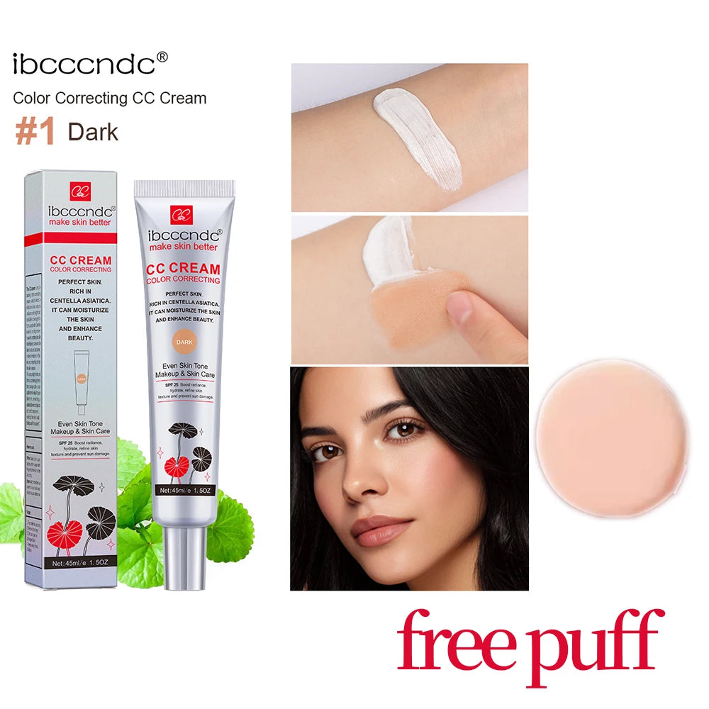 ibcccndc CC Cream 45ml – Centella Asiatica Color Correcting CC Cream Foundation Oasis Select dark1pc Free Puff