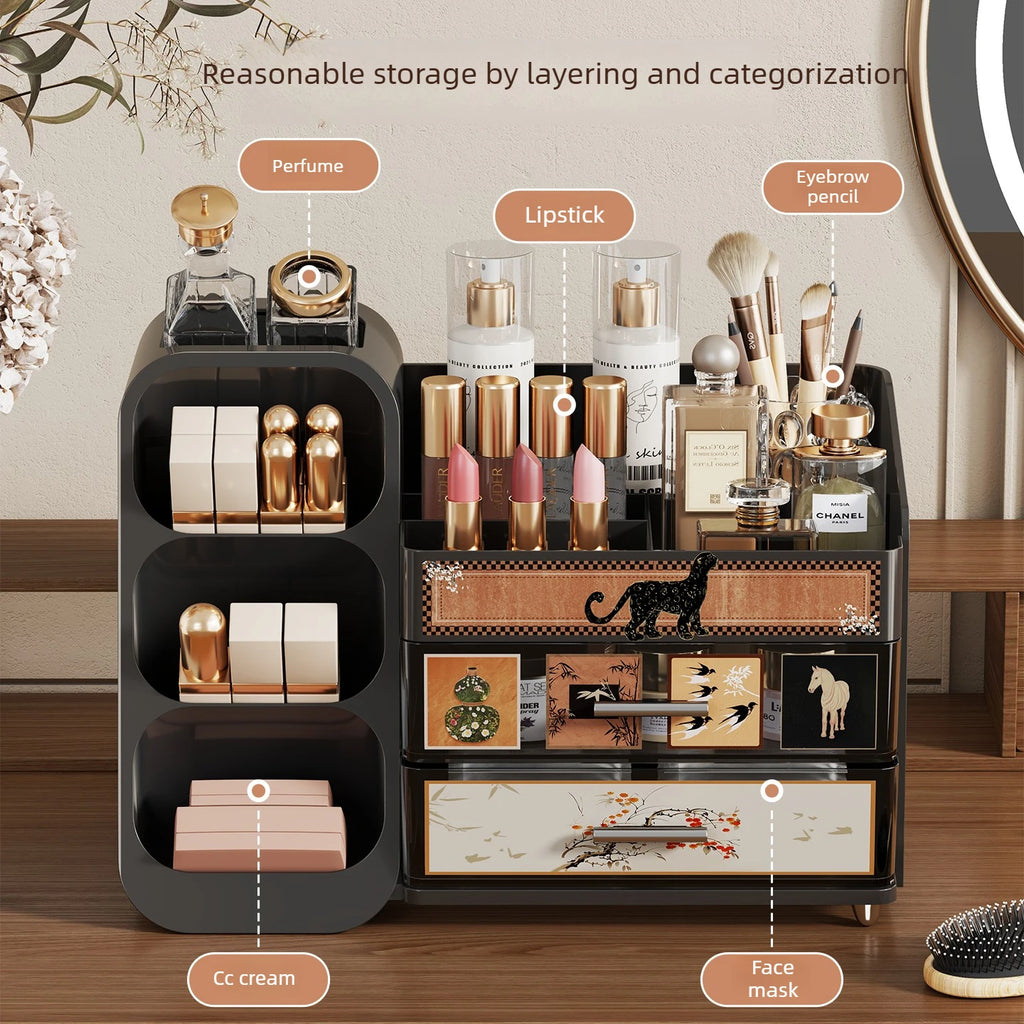 Dressing Table Storage Box Desktop Antique Style Cosmetics Dust-proof Drawer Style Organizing Box Lipstick Storage Rack Oasis Select