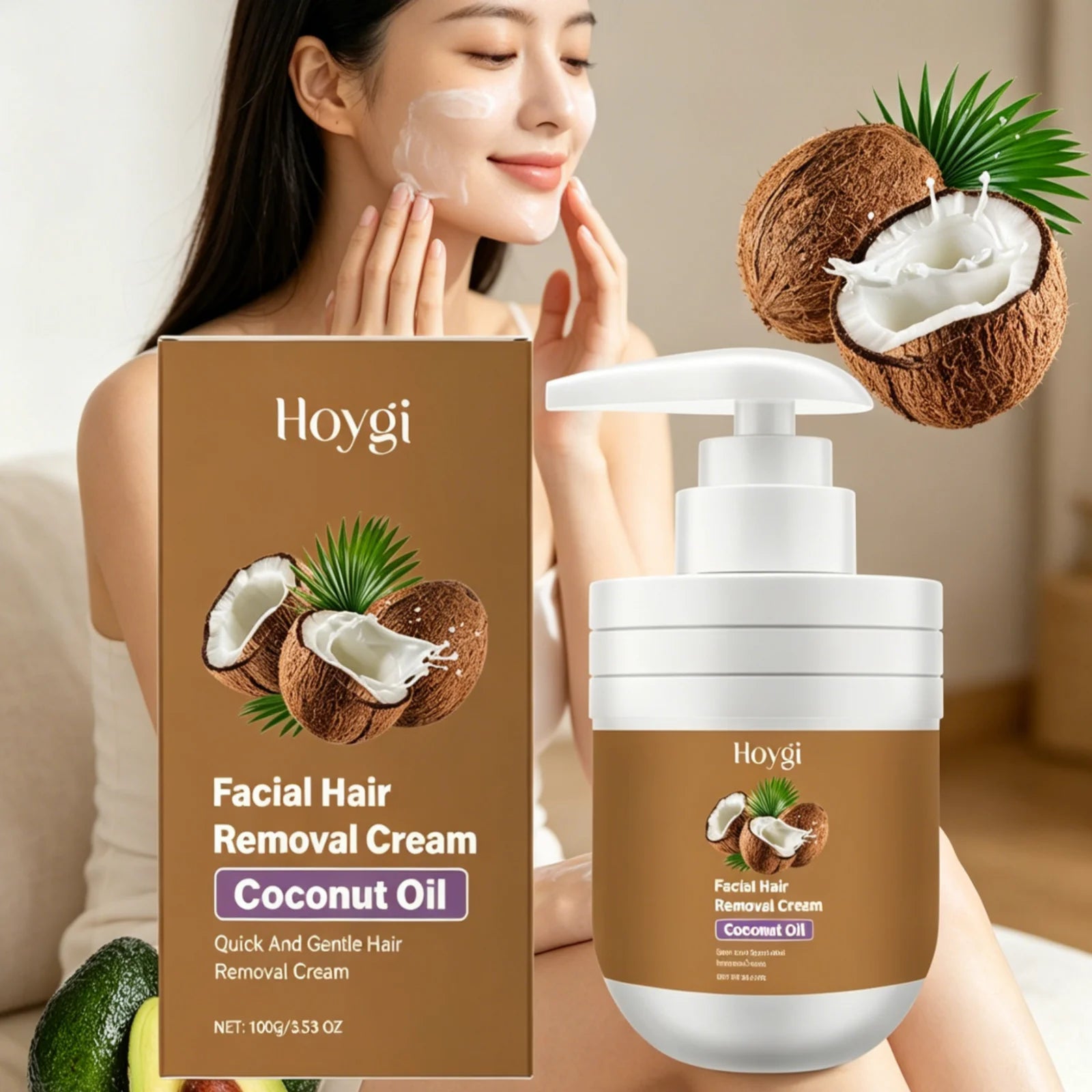 Hoygi Facial Hair Removal Cream – Coconut Oil, Painless Facial Depilatory Cream Oasis Select