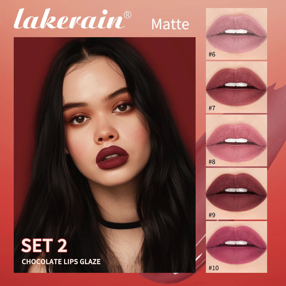 Lakerain Chocolate Lip Gloss Set Long Lasting Matte Finish Lip Tint Waterproof Sweat-proof NonStick Cup Liquid Lipstick 5pcs/Kit Oasis Select