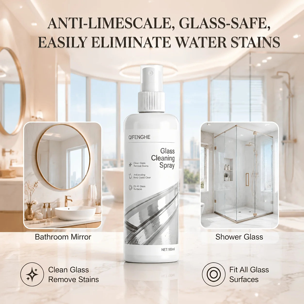 QIFENGHE Glass Cleaner Spray – Mirror, Shower & Tile Glass Cleaner Spray Oasis Select