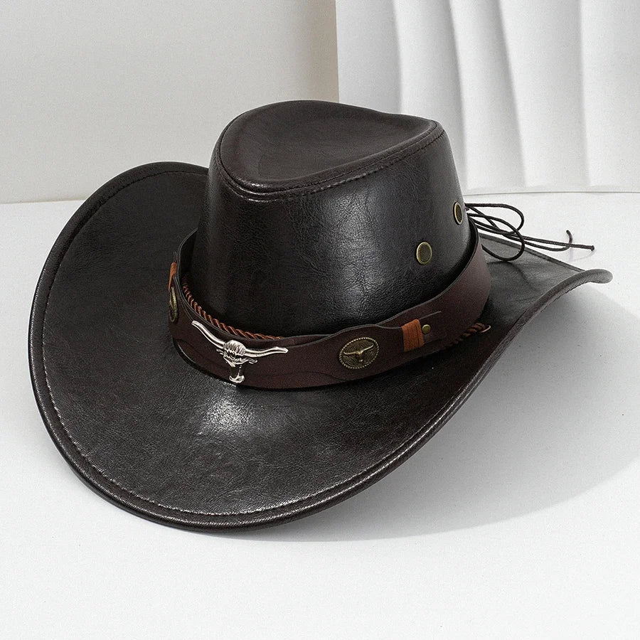 Unisex Vintage Faux Leather Western Cowboy Hat Outdoor Gentleman Cowgirl Jazz Cap Sombrero Hombre Cowboy Hat Oasis Select
