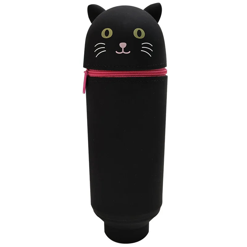 Cute Animal Pencil Case, 2-in-1 Pencil Bag with Zipper Pen Holder, Soft Silicone Pencil Case, Suitable for School Office Oasis Select Black Cat