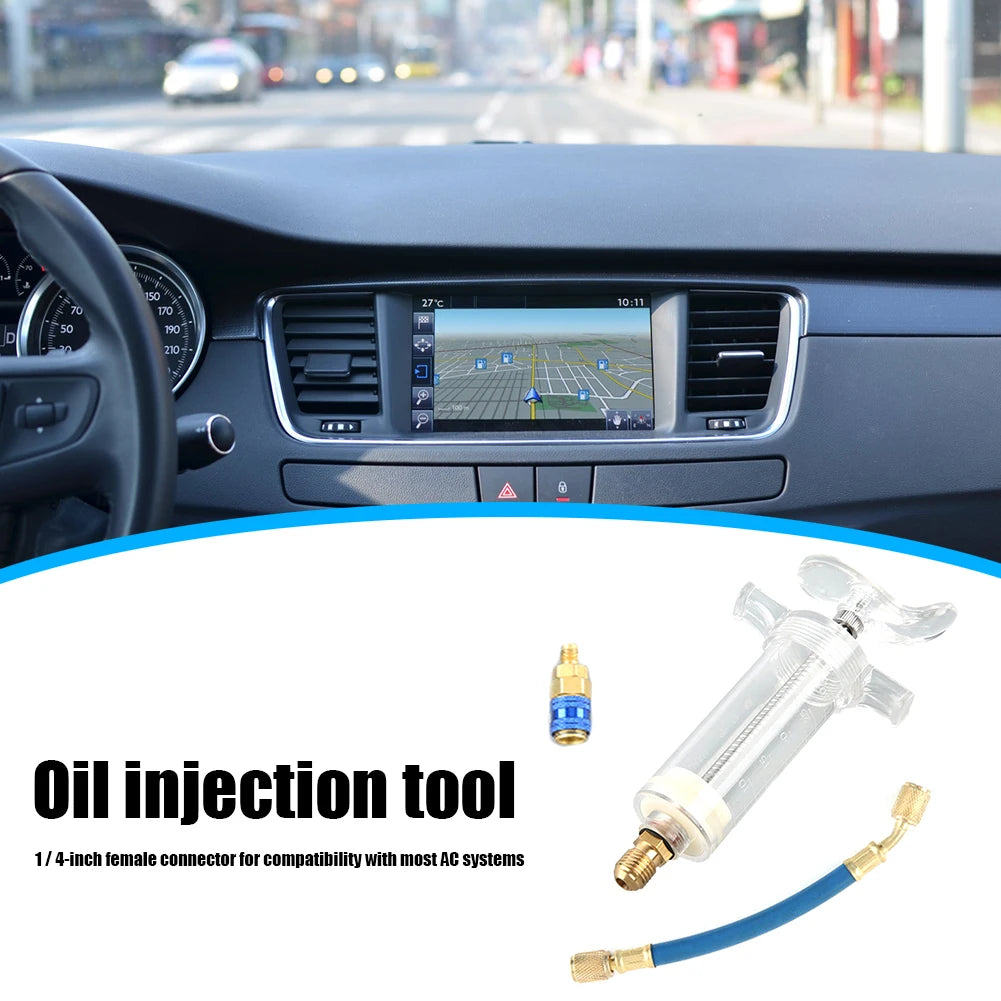 Auto A/C Oil/Dye Injector 1Oz with 134a Low Side Quick Coupler Adapter 1/4" Air Conditioning Coolant Filling Tube Injection Tool Oasis Select