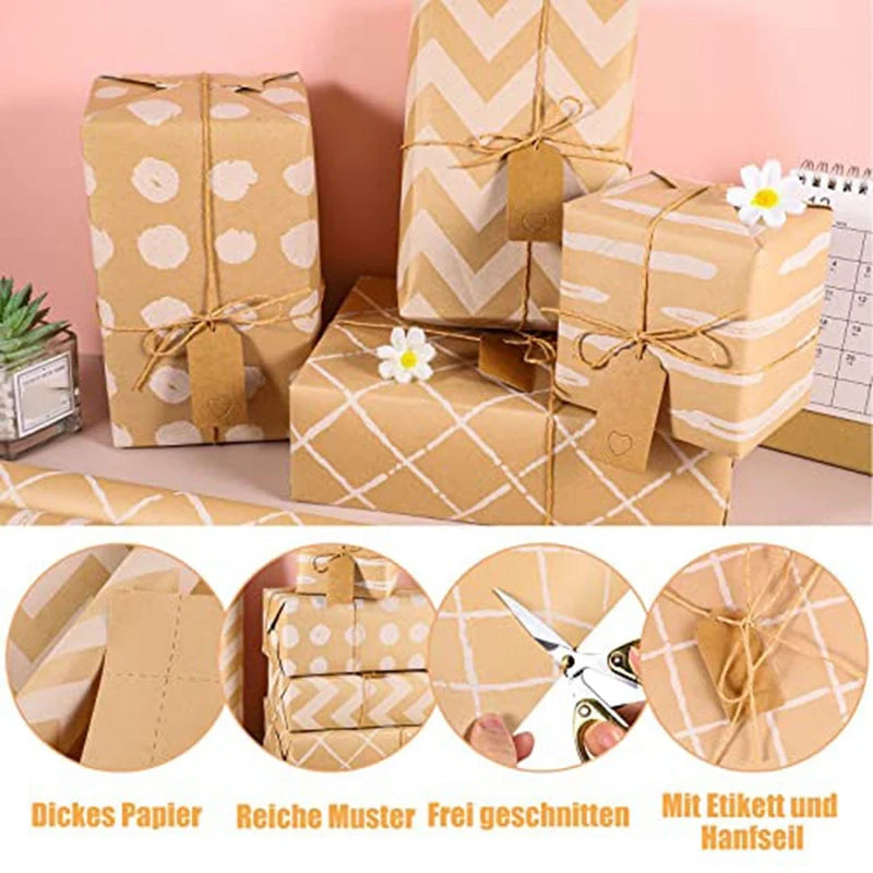 4 Roll Wrapping Paper, Wrapping Paper Role 43 X 300 Cm/Roll Wrapping Paper Set With 2 Adhesive Tapes 3 Ropes 20 Kraft Paper Tags Oasis Select