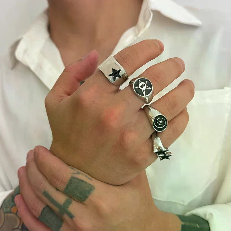 4Pcs/Set Black Five-Pointed Star Wide Rings For Men Hiphop Silver Color Geometric Thick Opening Finger Rings Sets Jewelry Gifts Oasis Select