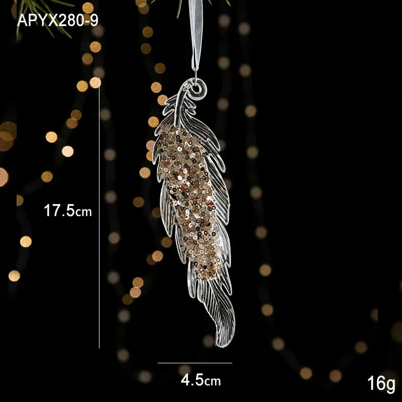 Christmas Tree Toys Acrylic Elk Bells Pendant Transparent Snowflake Pendants With Sequins Home Xmas Party Decoration Accessories Oasis Select Feather