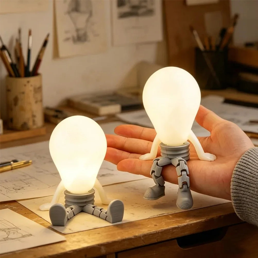 Glowing Light Bulb Shaped Human Figurine Movable Joint Luminous Mini Statue Creative Desk Car Decor Ornament Unique Gift Oasis Select