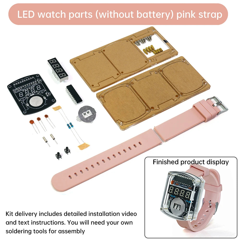 LED DIY Electronic Watch Kit Digital Tube Clock Accessories Soldering Assembly Electronic Silicone Watch Oasis Select Pink