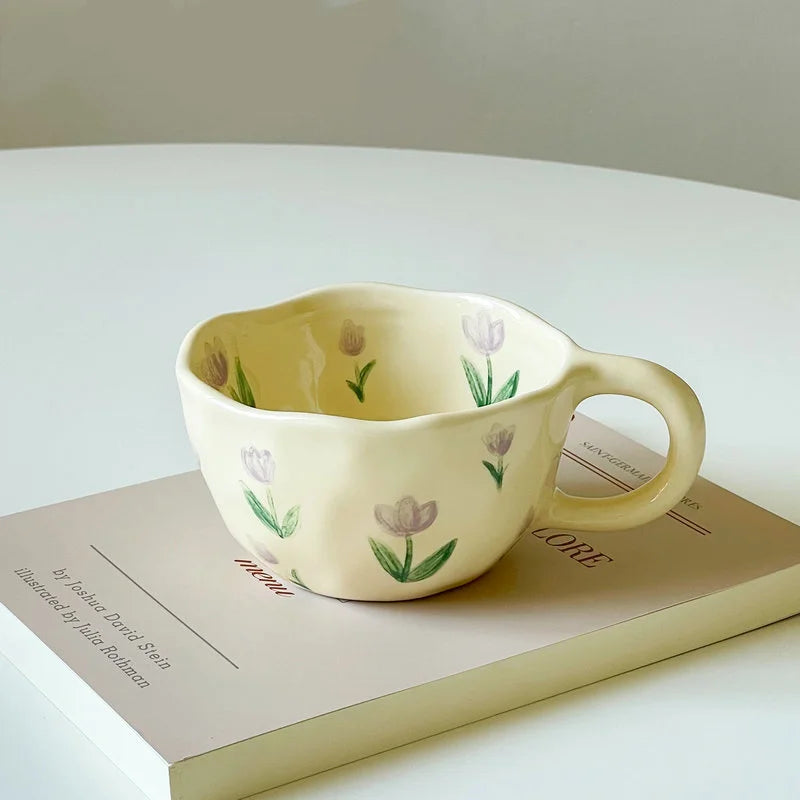 Ceramic Mugs Cute Hand Pinched Irregular Flower Heart Pattern Coffee Cup Ins Style Drinkware Kitchen Breakfast Milk Tea Cups Oasis Select