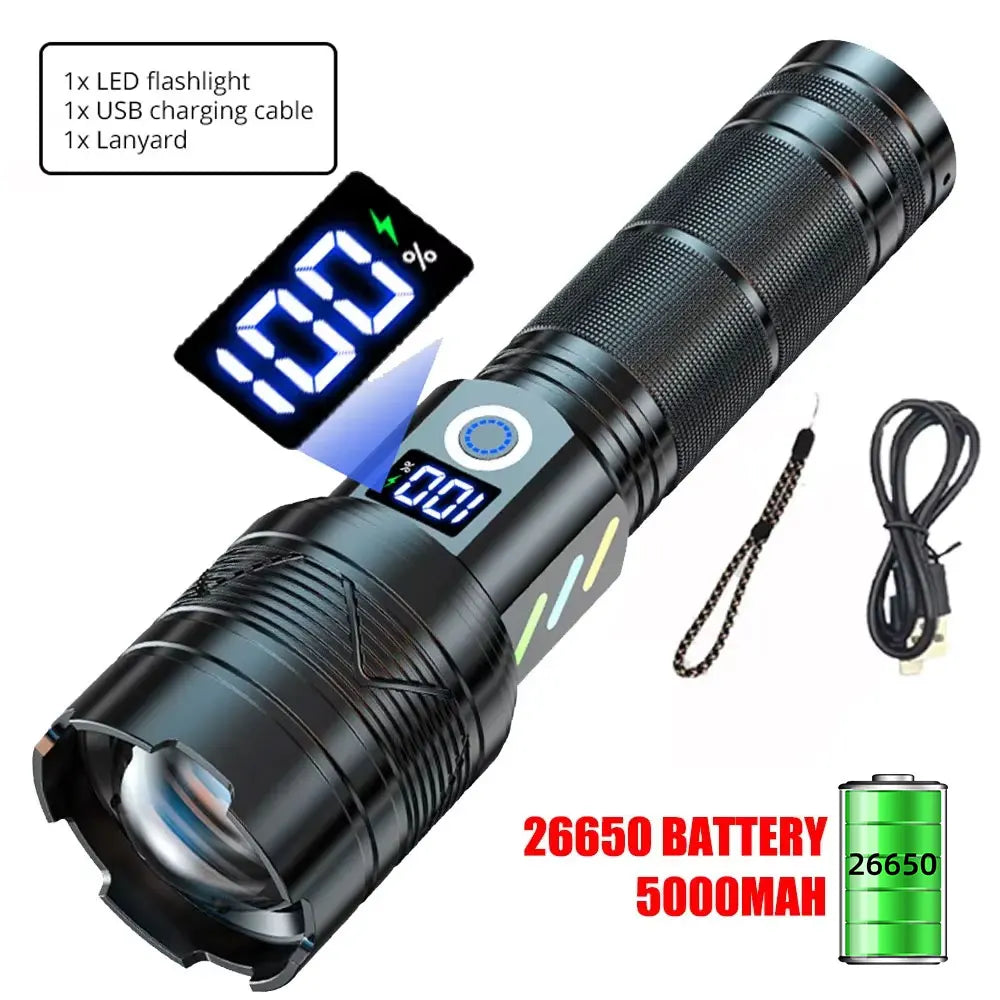 USB Charging Outdoor Flashlight High Power Strong Light Long Range LEP Flashlight Telescopic Zoom Super Bright Torch Oasis Select 5000Mah battery 2