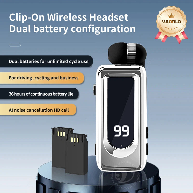 D70Pro Lavalier Business Bluetooth 5.4 Earphones Talk/Music Time 36 Hours LED Digital Display With Mic Noice Cancelling Headset Oasis Select Silver Dual Battery