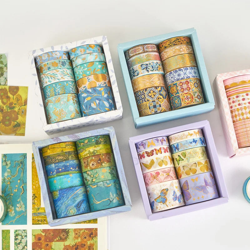 10pcs Van Gogh gold stamping and paper tape, creative and beautiful DIY notebook decoration material stickers 10 rolls Oasis Select
