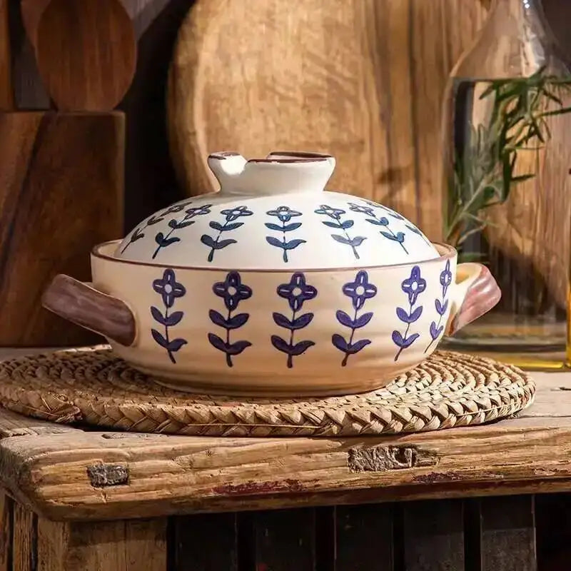Japanese Ceramic Casserole Stew Pot Household Cooking Gas Retro Flower Pattern Soup Pots High Temperature Resistant Cooking Pot Oasis Select