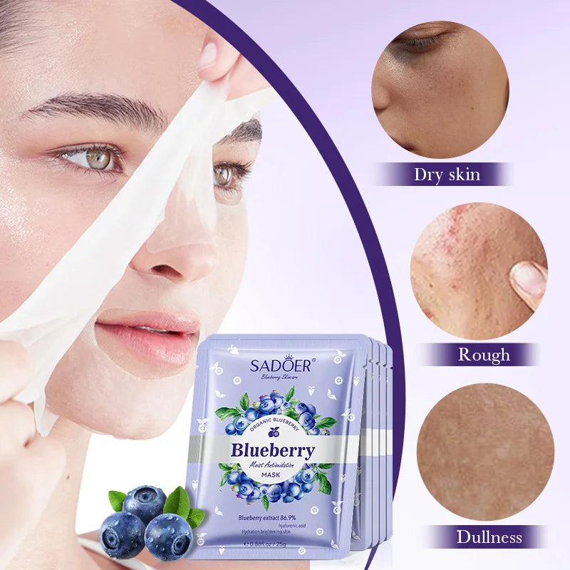 SADOER Blueberry Hyaluronic Acid Face Mask – 5-Pack Hydrating Sheet Mask Oasis Select