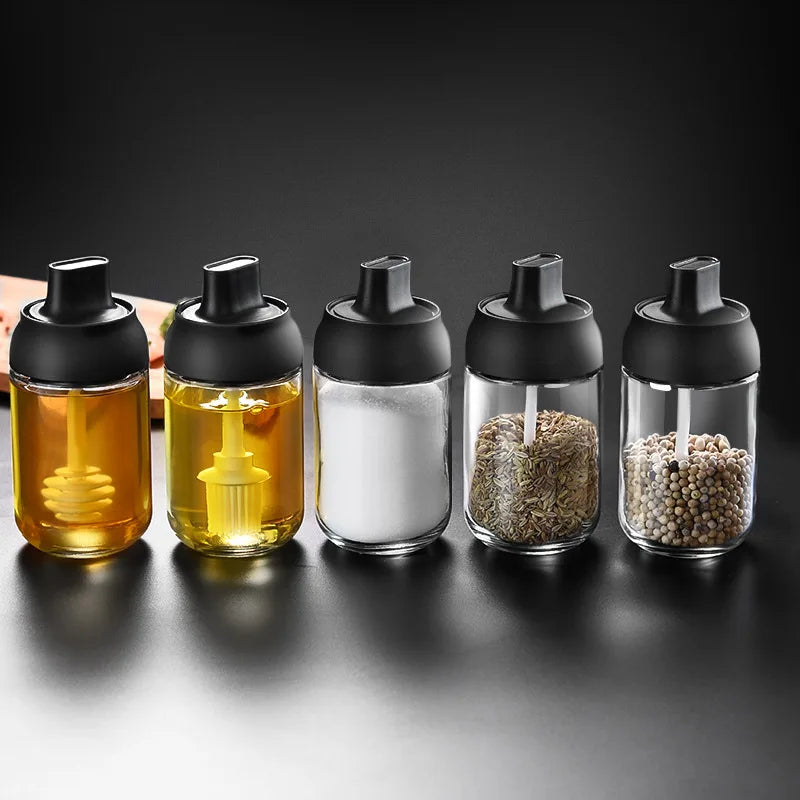 2pcs 250ML Oil Bottle Moisture-proof with Lid Spoon Pepper Jar Salt Shaker Combination Glass Kitchen Dining Seasoning Bottle Oasis Select