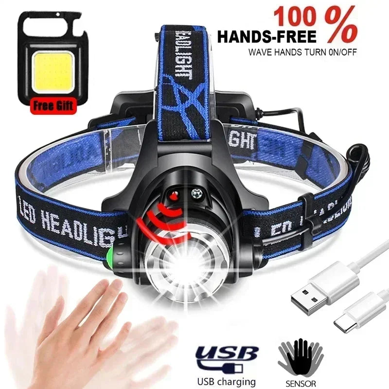 Powerful LED Induction Headlamp USB/DC Rechargeable Headlight Aluminium Alloy Outdoor Fishing Head Lamp High Lumen Head Torch Oasis Select