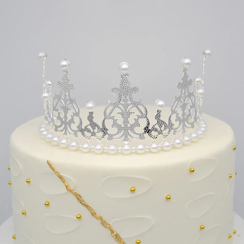 1Pc Pearl Crown Half Crown Cake Decoration Crown Flower Ornaments Children's Hair Ornaments Korean Iron Sheet Pearl Crown Oasis Select
