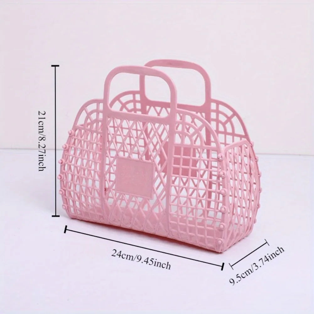 Collapsible Plastic Storage Basket Bag, Casual Open Travel Cosmetic Organizer with Dual Handles Design, Hand Wash Beach Bag Oasis Select Pink